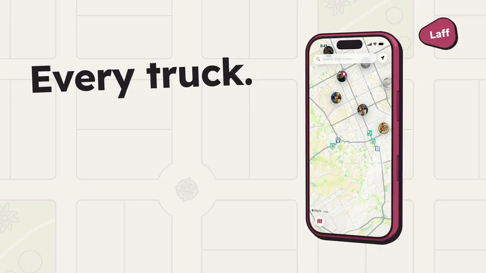 A short clip from the Laff film: a phone holds the map, with a pin for each truck. The words on screen: Every truck. Open now. One map.
