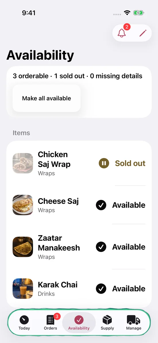 Item availability on the truck’s menu, with one item sold out